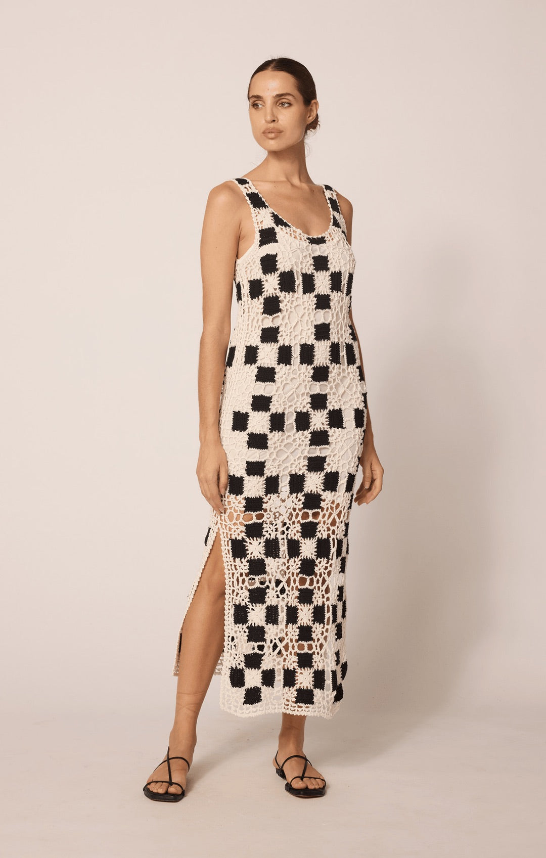 Lily Crochet Midi Dress in Ivory/Black