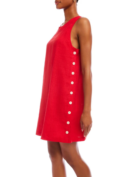 Side Button Linen Dress in Red