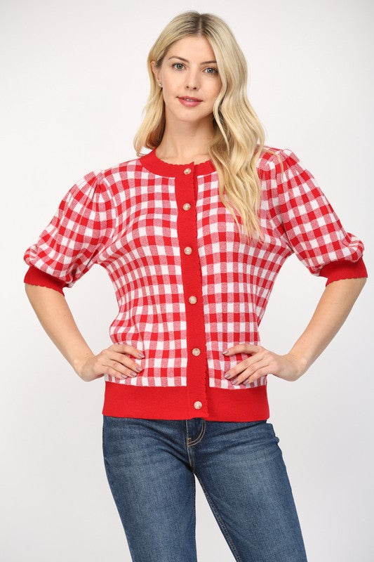 Gingham Pattern Cardigan W/Scalloped Edge in Red/White