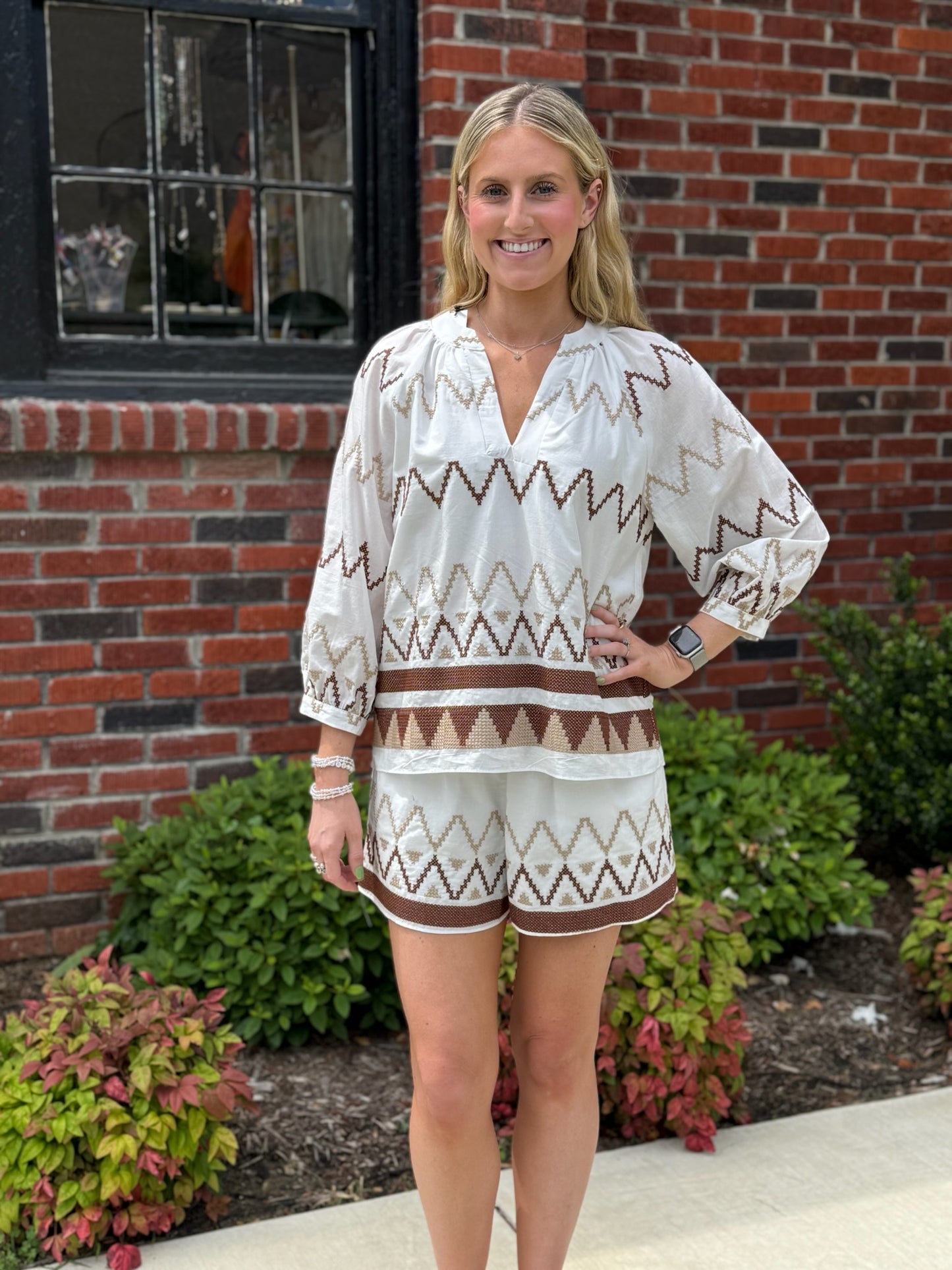 White/ Tobacco Embroidered Shorts