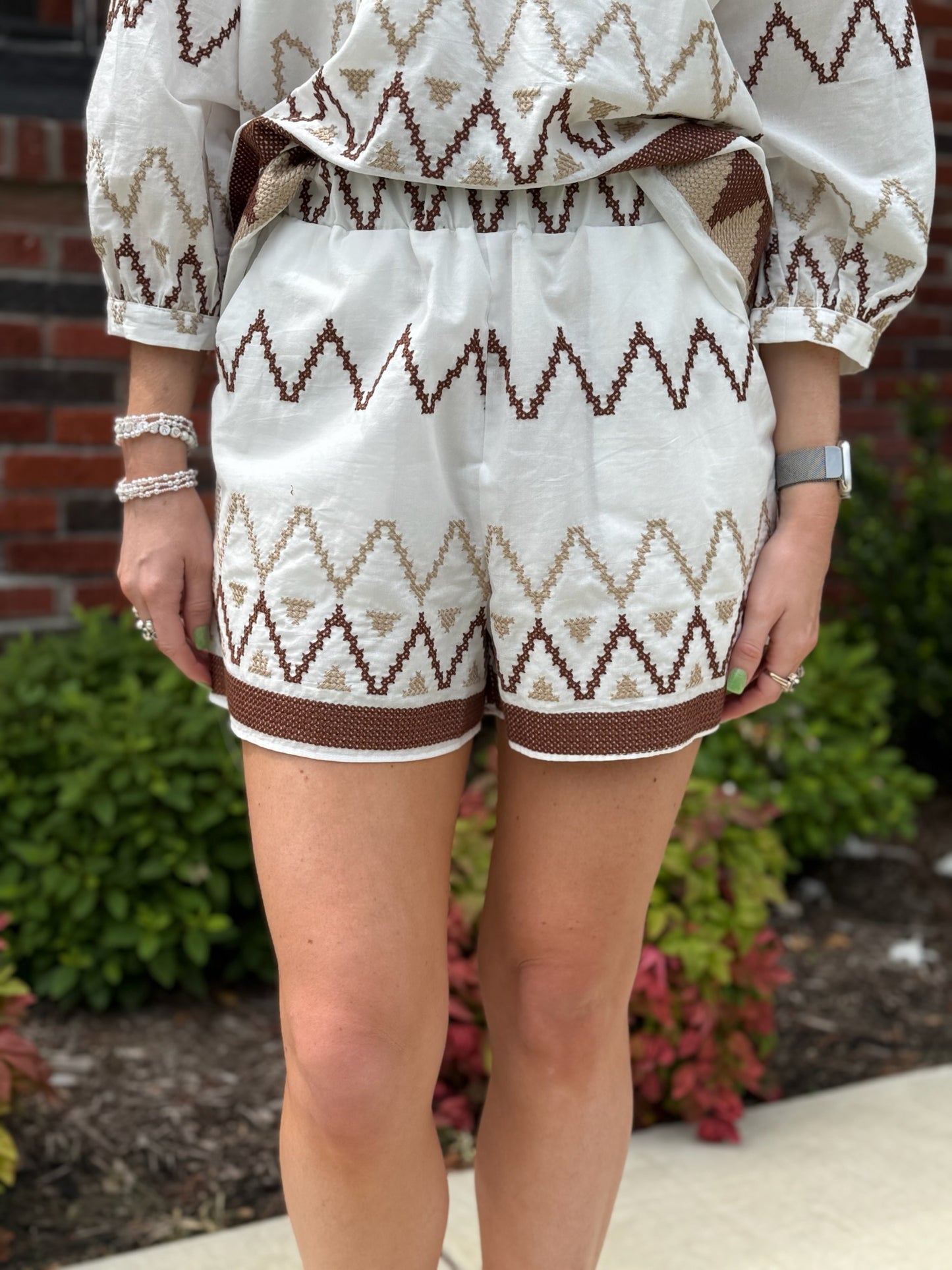 White/ Tobacco Embroidered Shorts