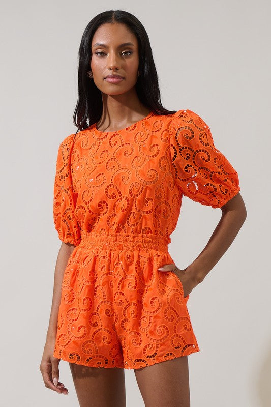 Zosia Villa Eyelet Puff Sleeve Top in Orange