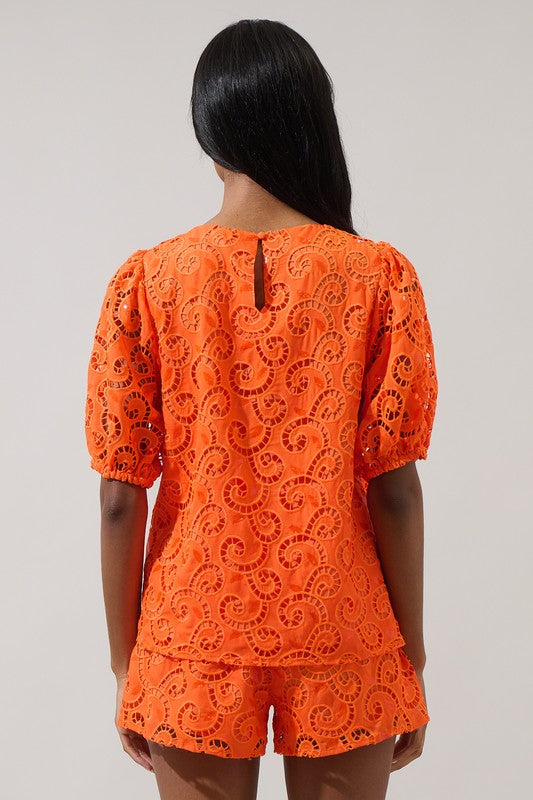 Zosia Villa Eyelet Puff Sleeve Top in Orange