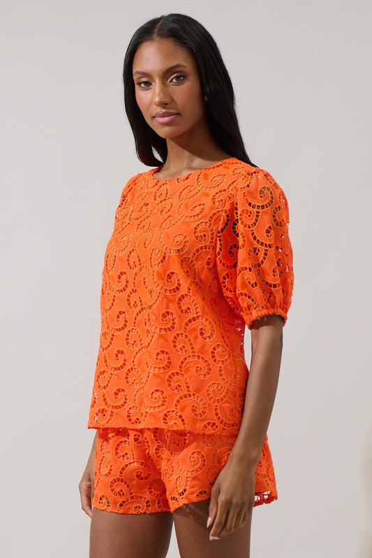 Zosia Villa Eyelet Puff Sleeve Top in Orange