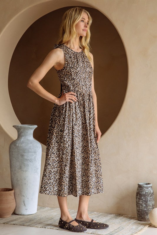 Leopard Print Poplin Midi Dress