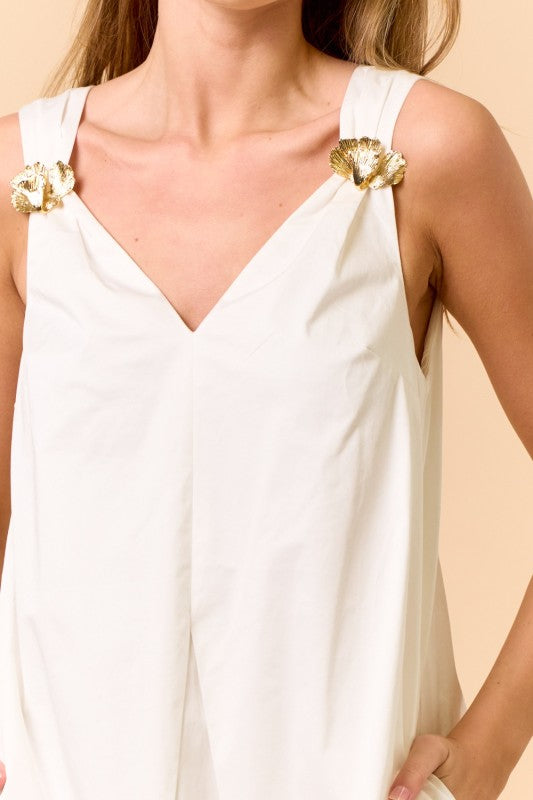White Shirred Mini Dress W/Leaf Embellishment