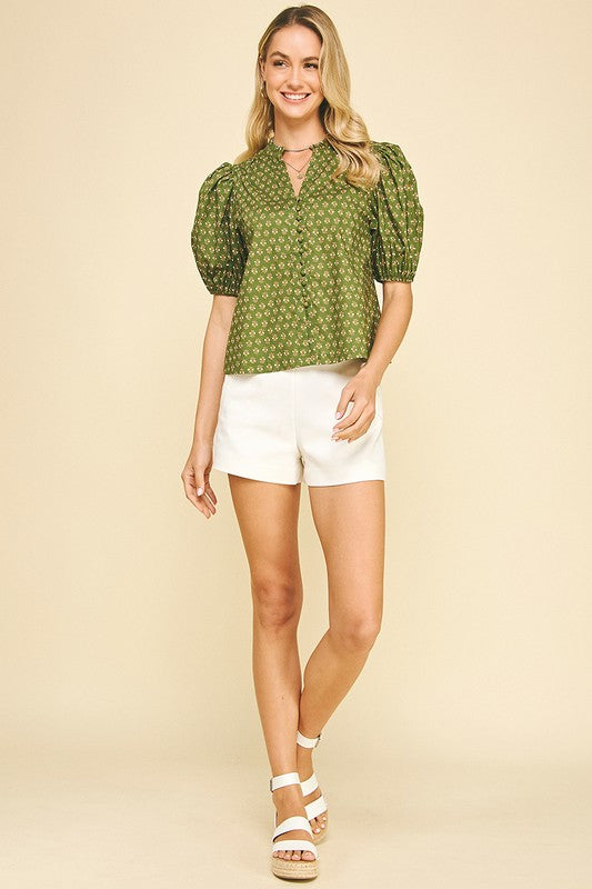 Olive Floral Puff Sleeve Blouse
