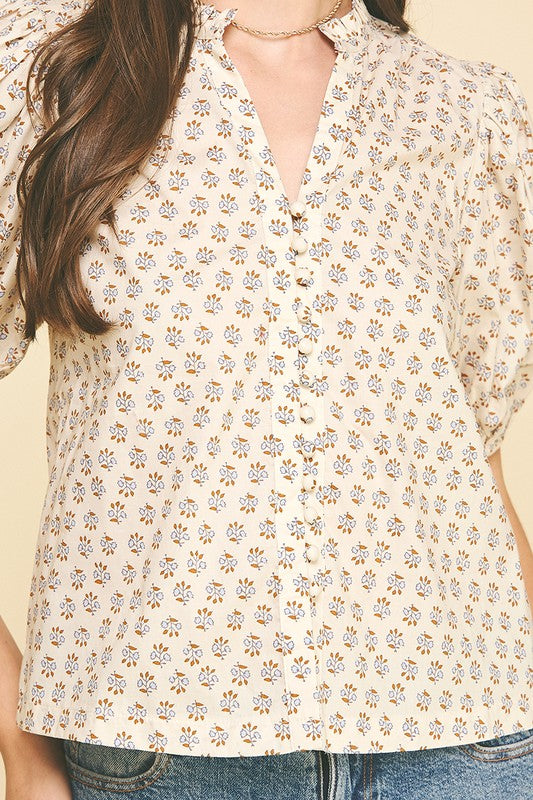 Cream Floral Puff Sleeve Blouse
