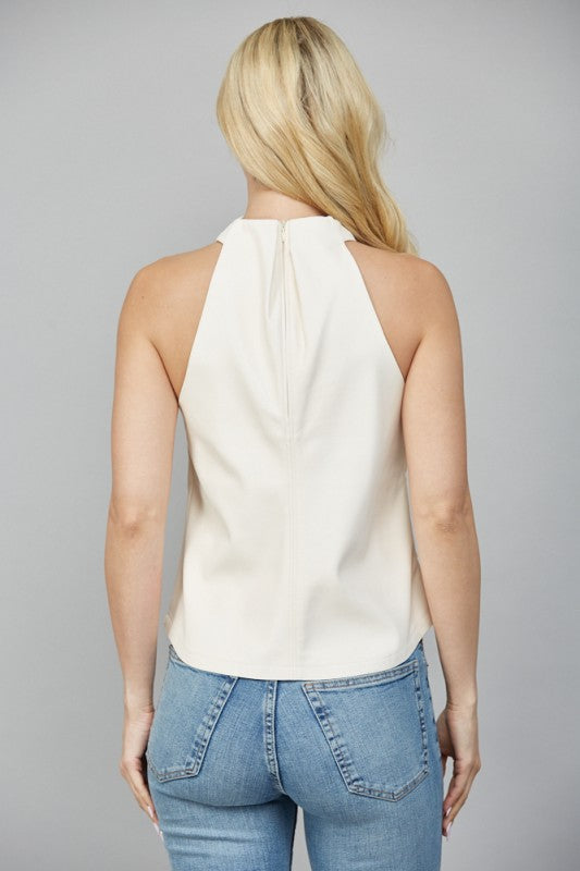 Faux Leather Crisscross Neckline Sleeveless Top in Ecru