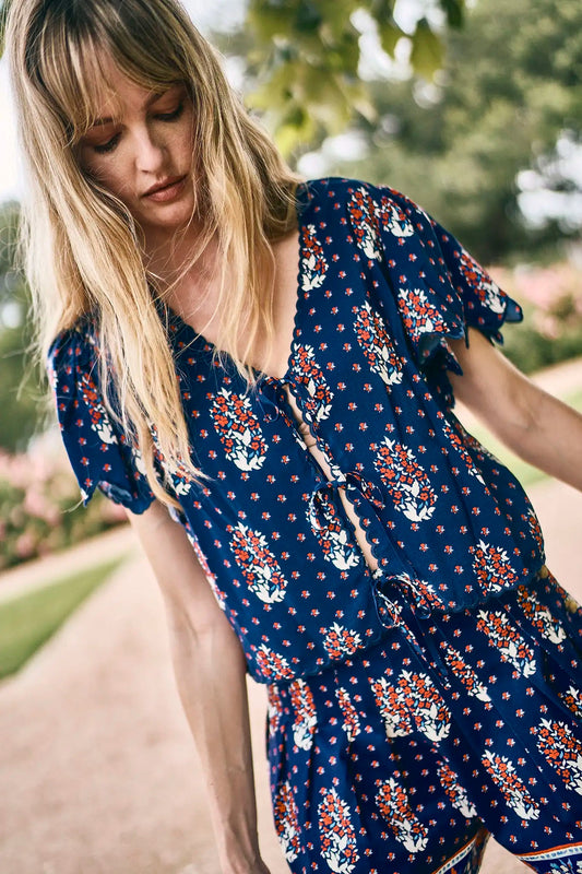 Bardot Top in Fall Floral Navy