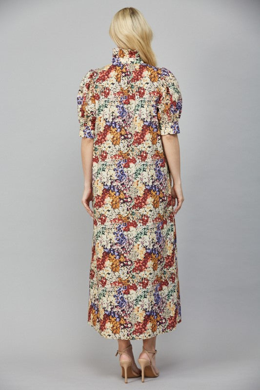 Floral Print Ruffled Stand Collar Midi Dress