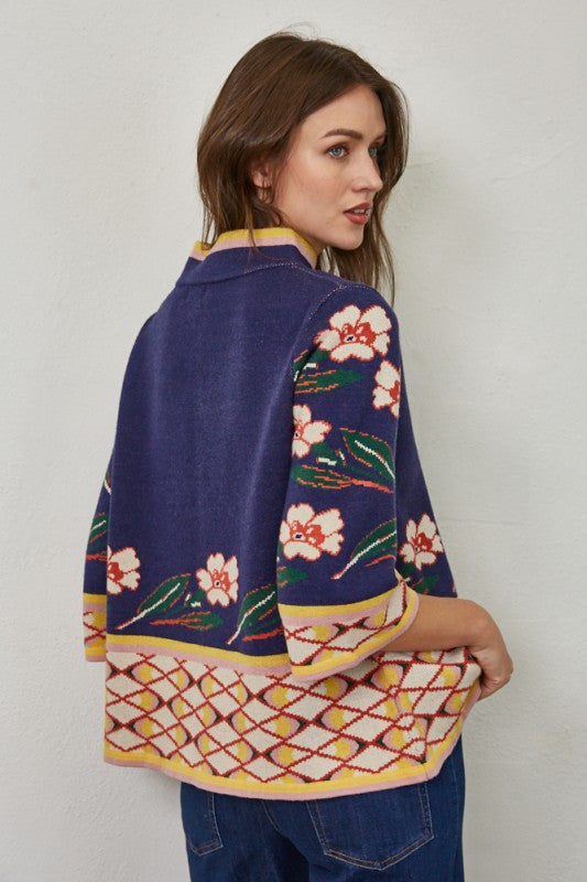 Patterned Jacquard Mock Neck Sweater in Navy Combo