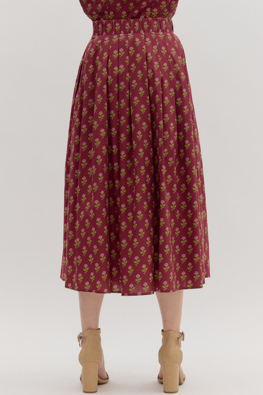 Mini Floral Pleated Midi Skirt in Burgundy