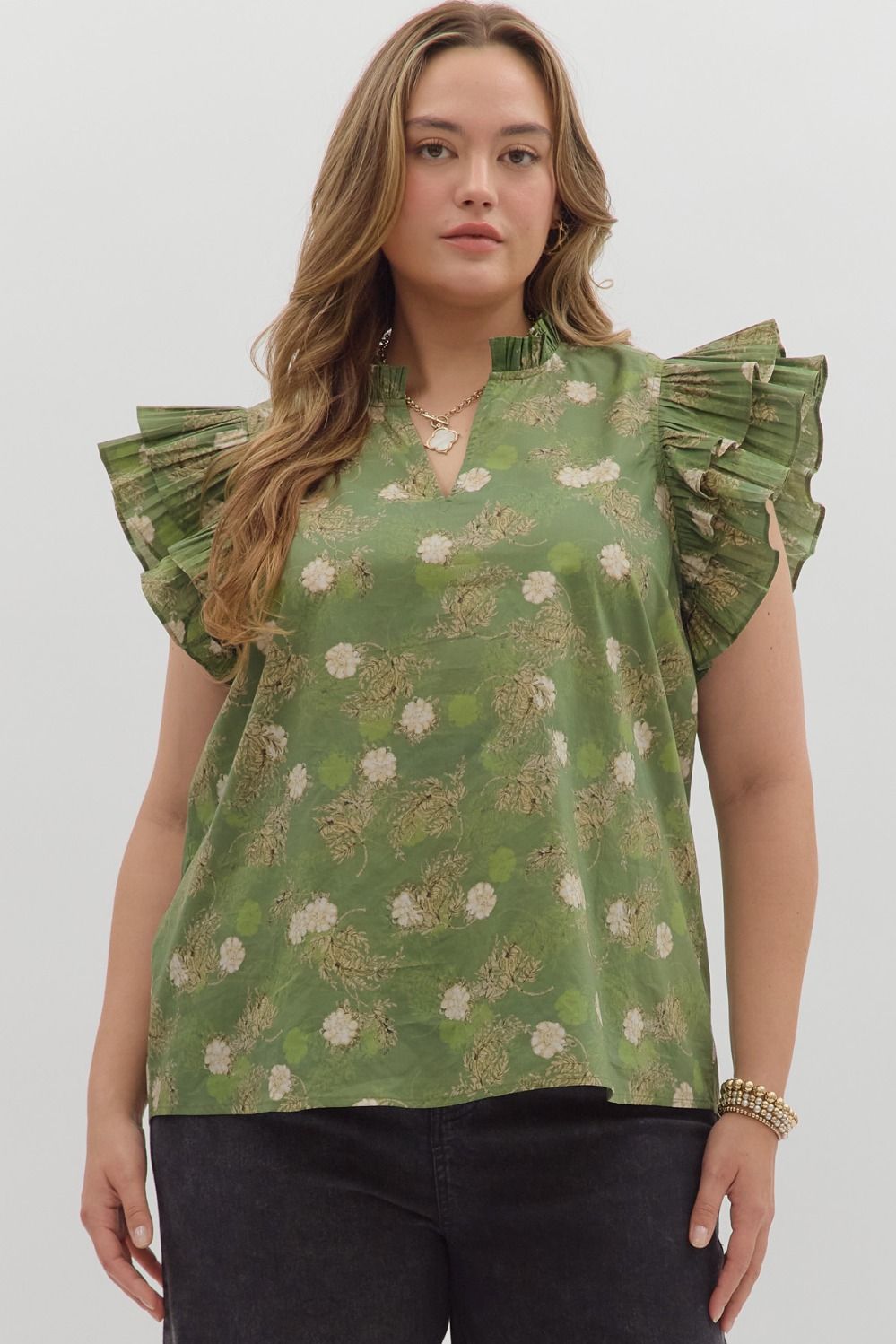 Flutter Floral Blouse in Olive