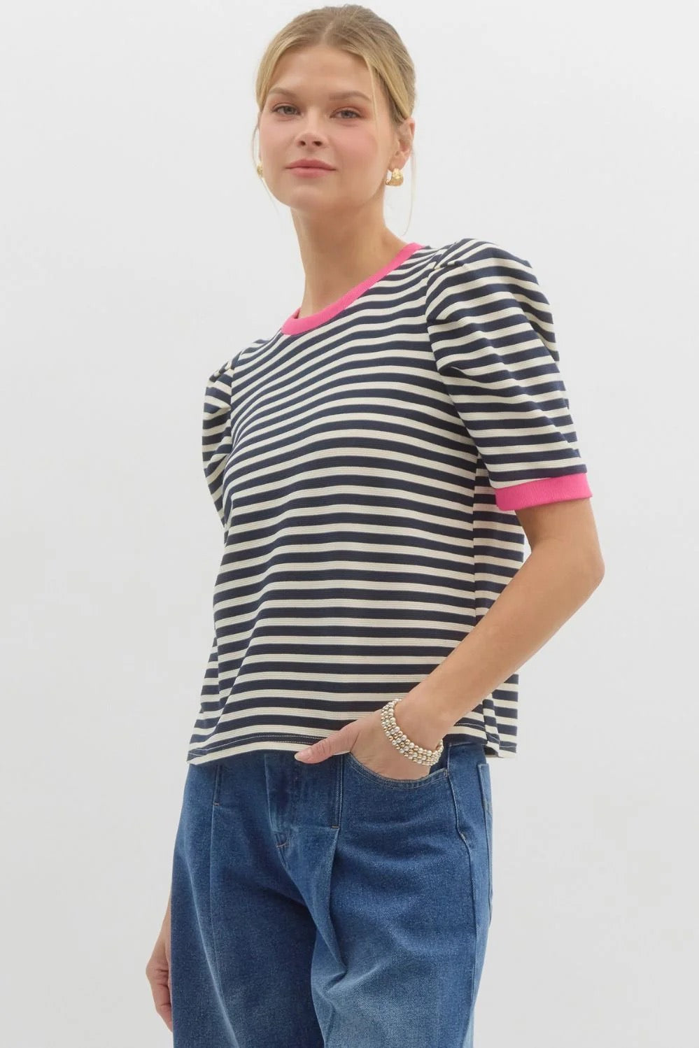 Navy Striped Top with Structured Sleeves