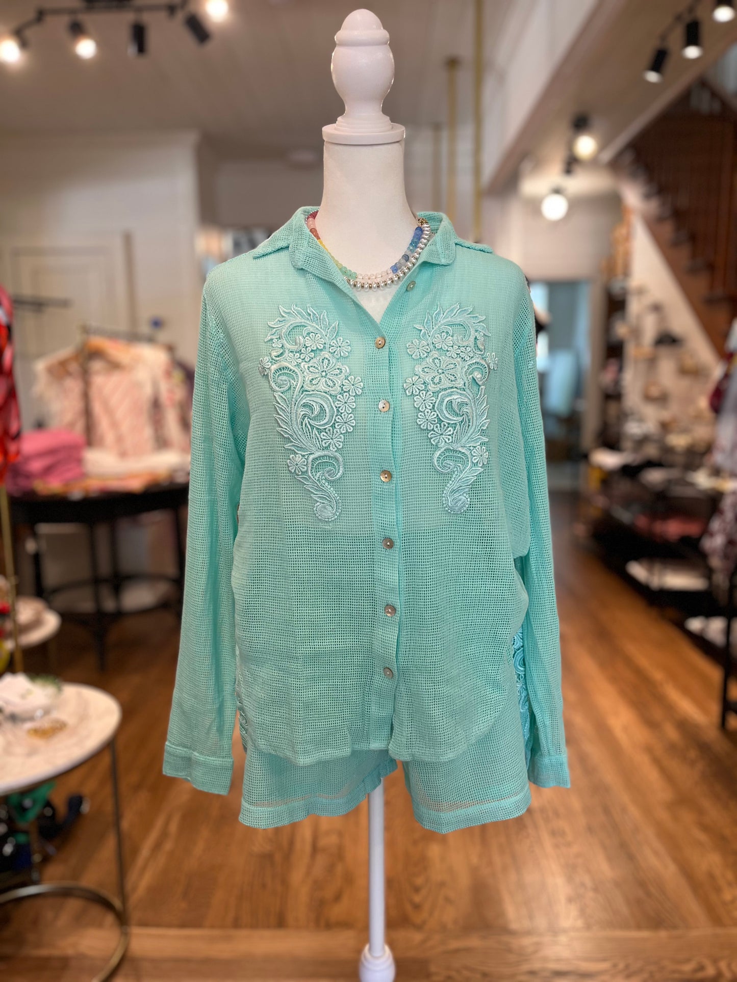 Fishnet Embroidered Betty Top in Aqua