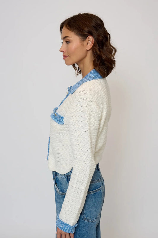 Denim/White Rose Scallop Edge Sweater