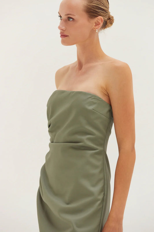 Vegan Leather Tube Midi Dress in Eucalyptus