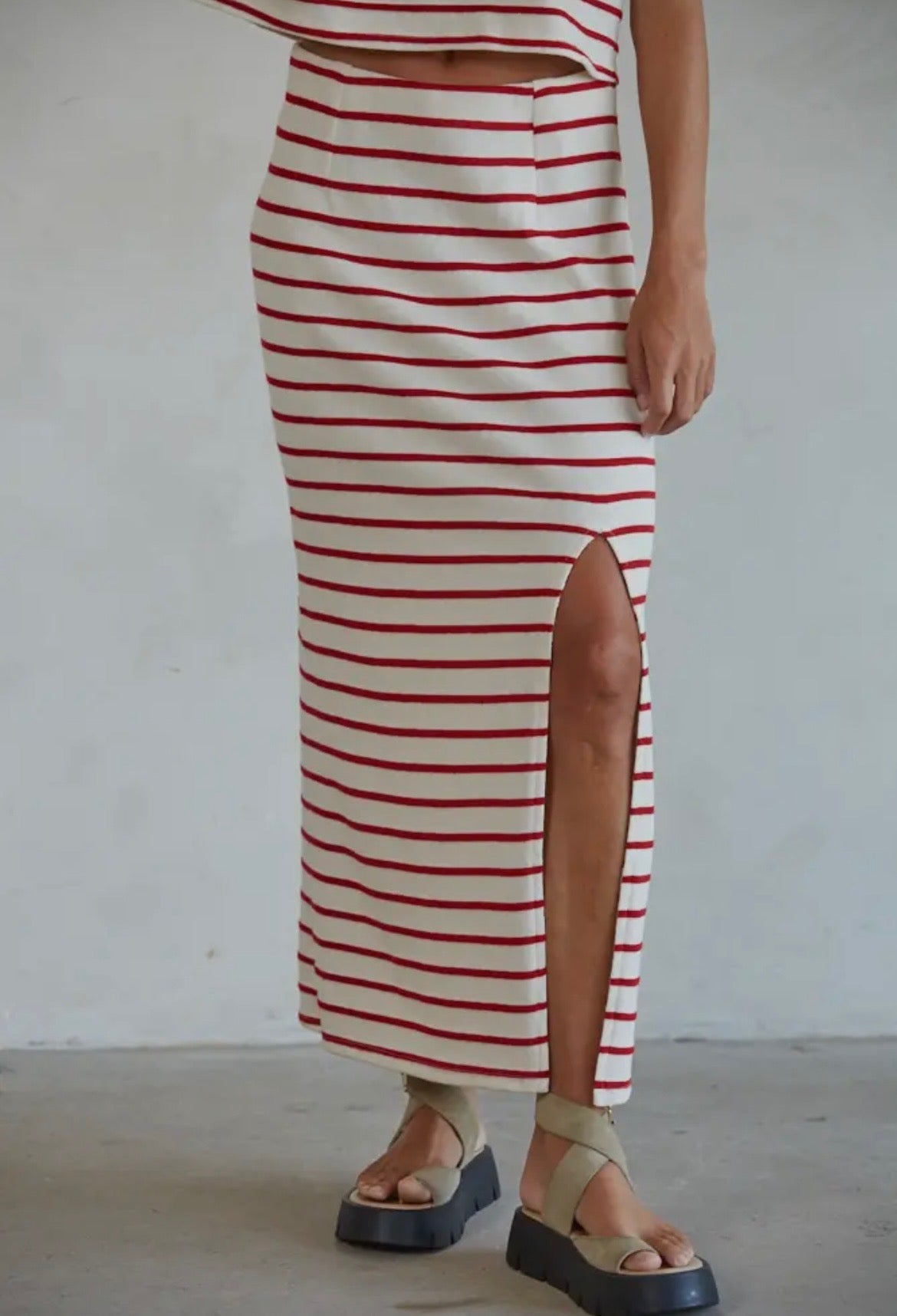 Red Knit Striped Pencil Skirt
