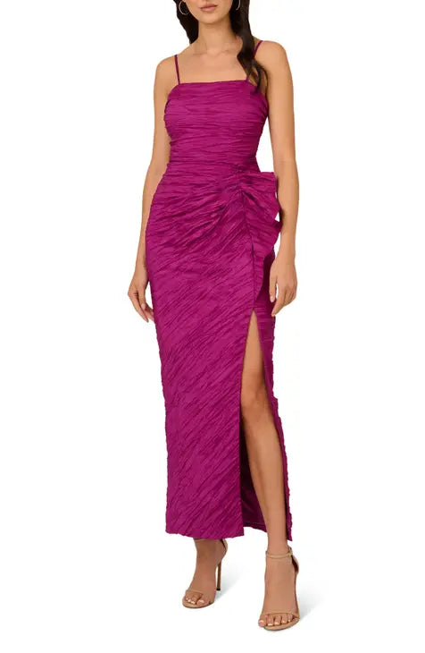 Textured Ruffle Midi Dress in Magenta