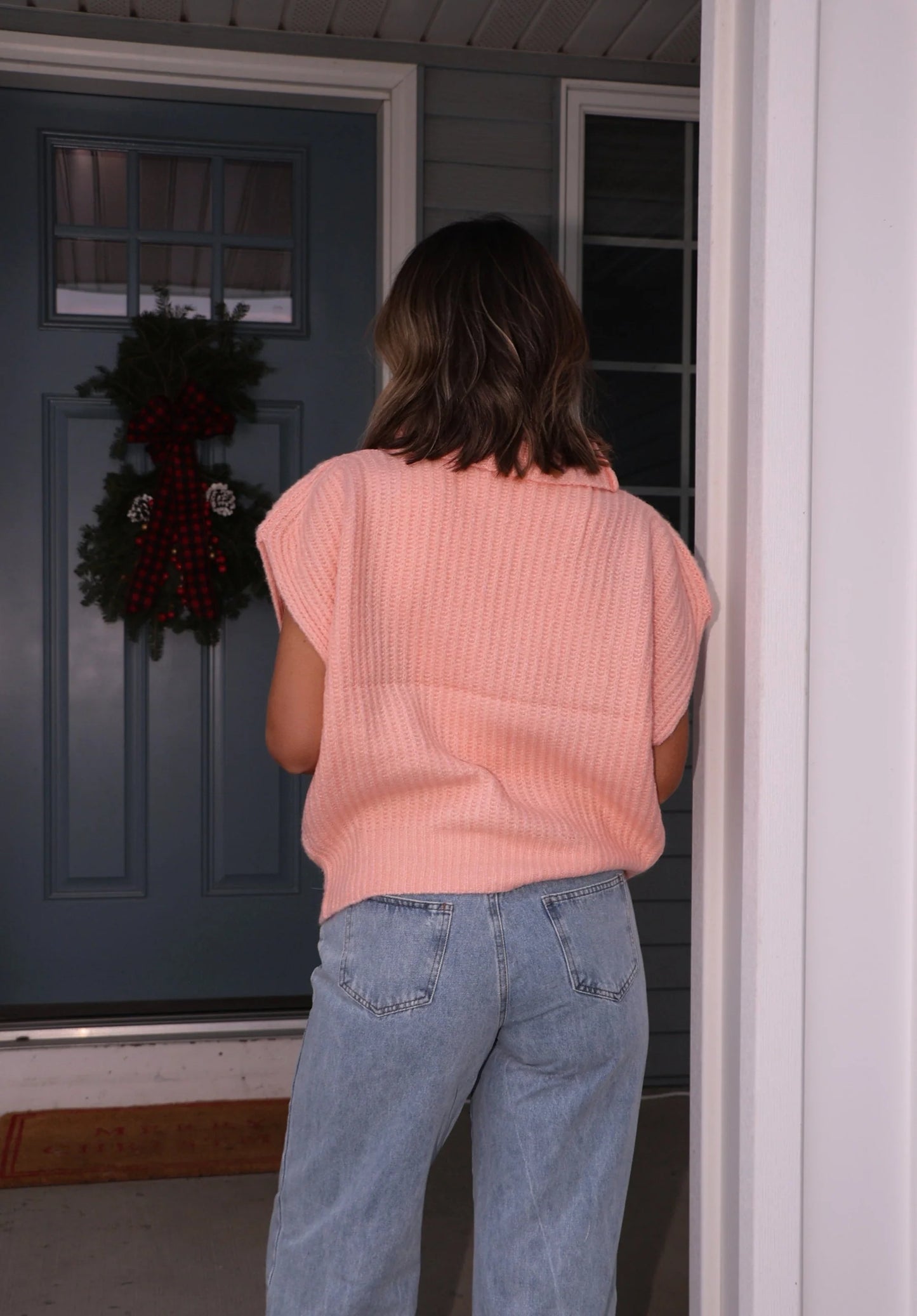 Knit Sweater Ribbed Vest in Peach