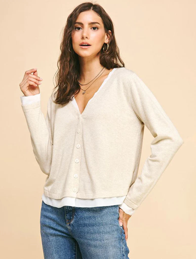 V Neck Button Down Combo Top in Oatmeal