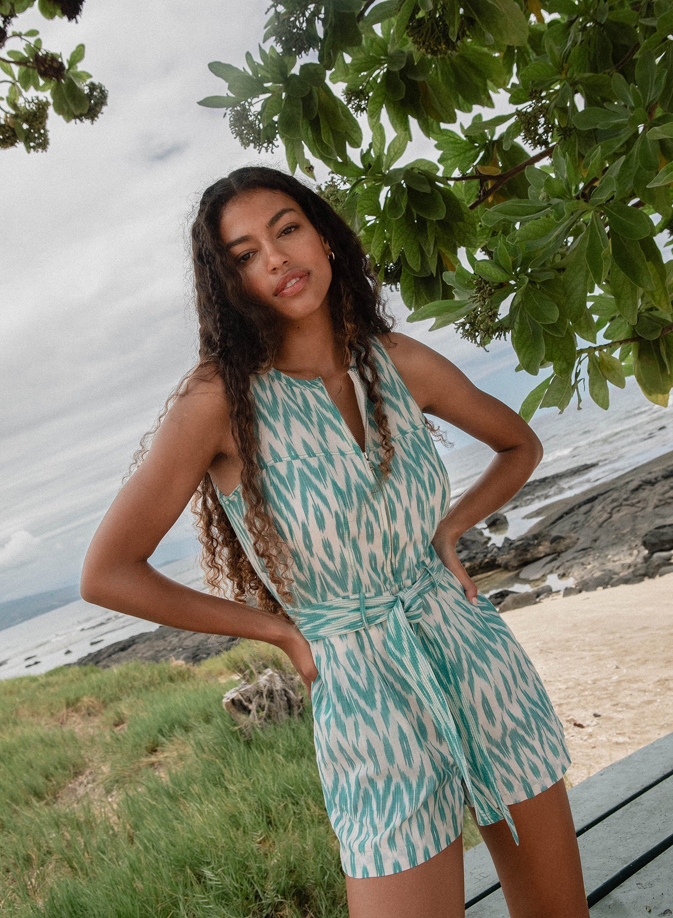 Ayla Teal Ikat Romper