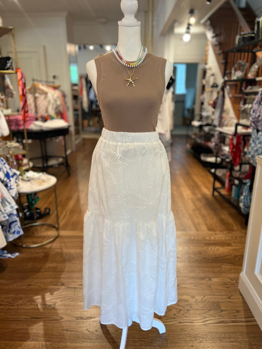 White Long Maxi Skirt W/Leaf Embroidery