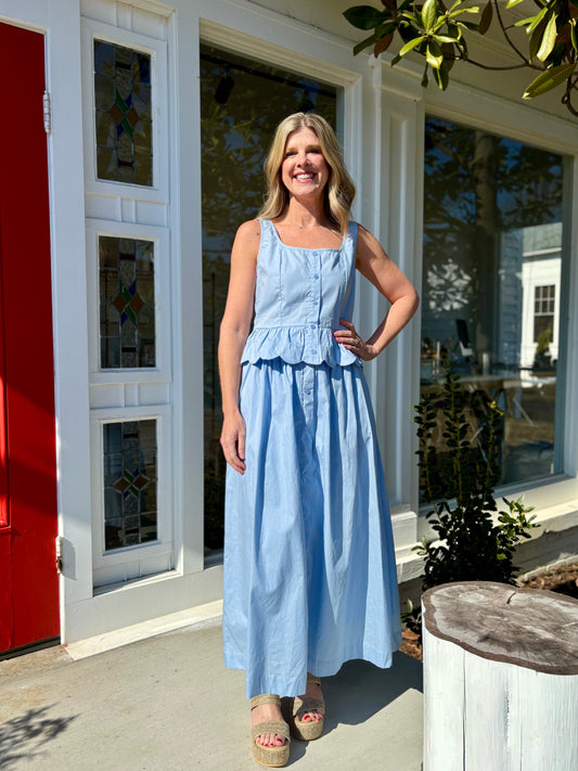 Long Maxi Skirt w/Buttons in Blue