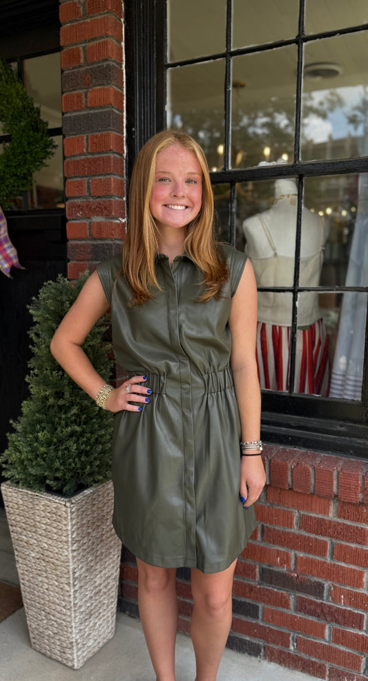 Sleeveless Faux Leather Dress in Pine