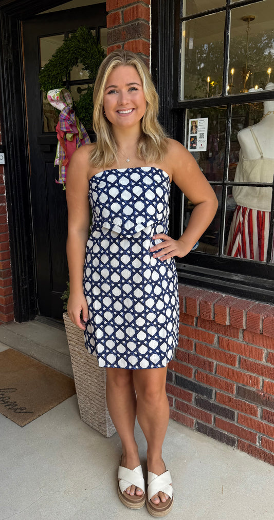 Ella Strapless Dress in Navy Trellis