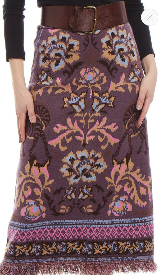 Camille Knit Fringe Skirt in Mocha Jacquard
