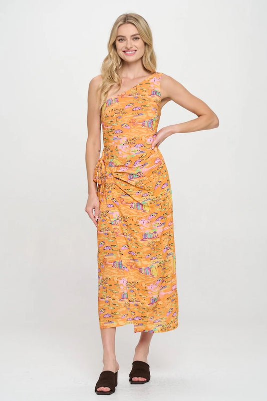 Golden Shoreline One Shoulder Wrap Midi Dress