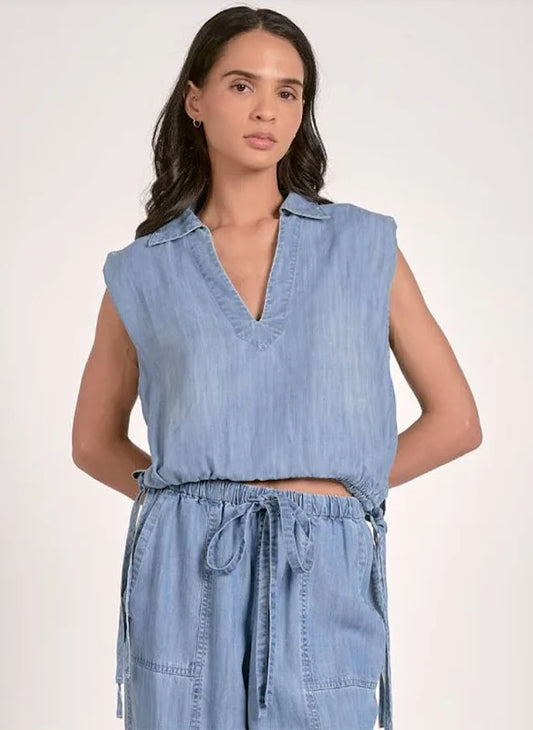 Sleeveless Collared Top in Denim Blue W/Ties