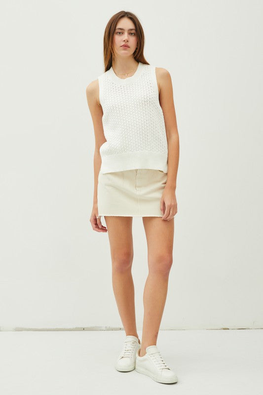 Crochet S/L Knit Sweater W/side Slit in Ivory