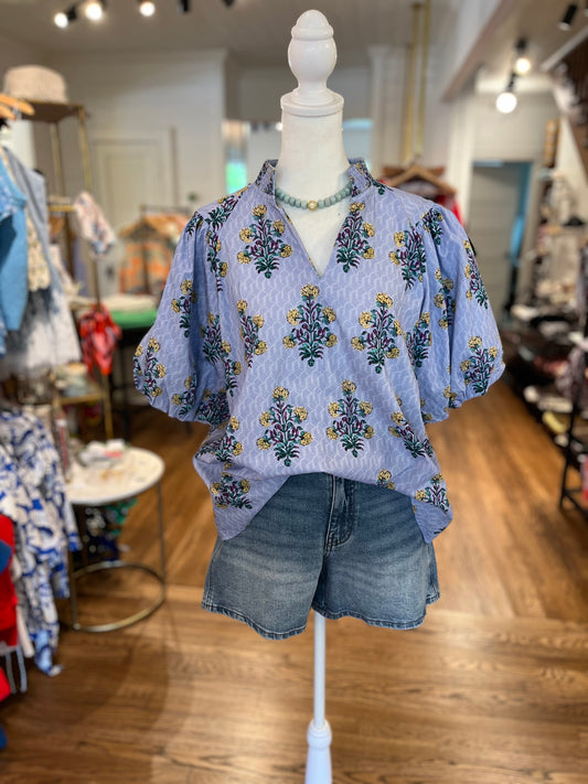 Blue Puff Sleeve Floral Top