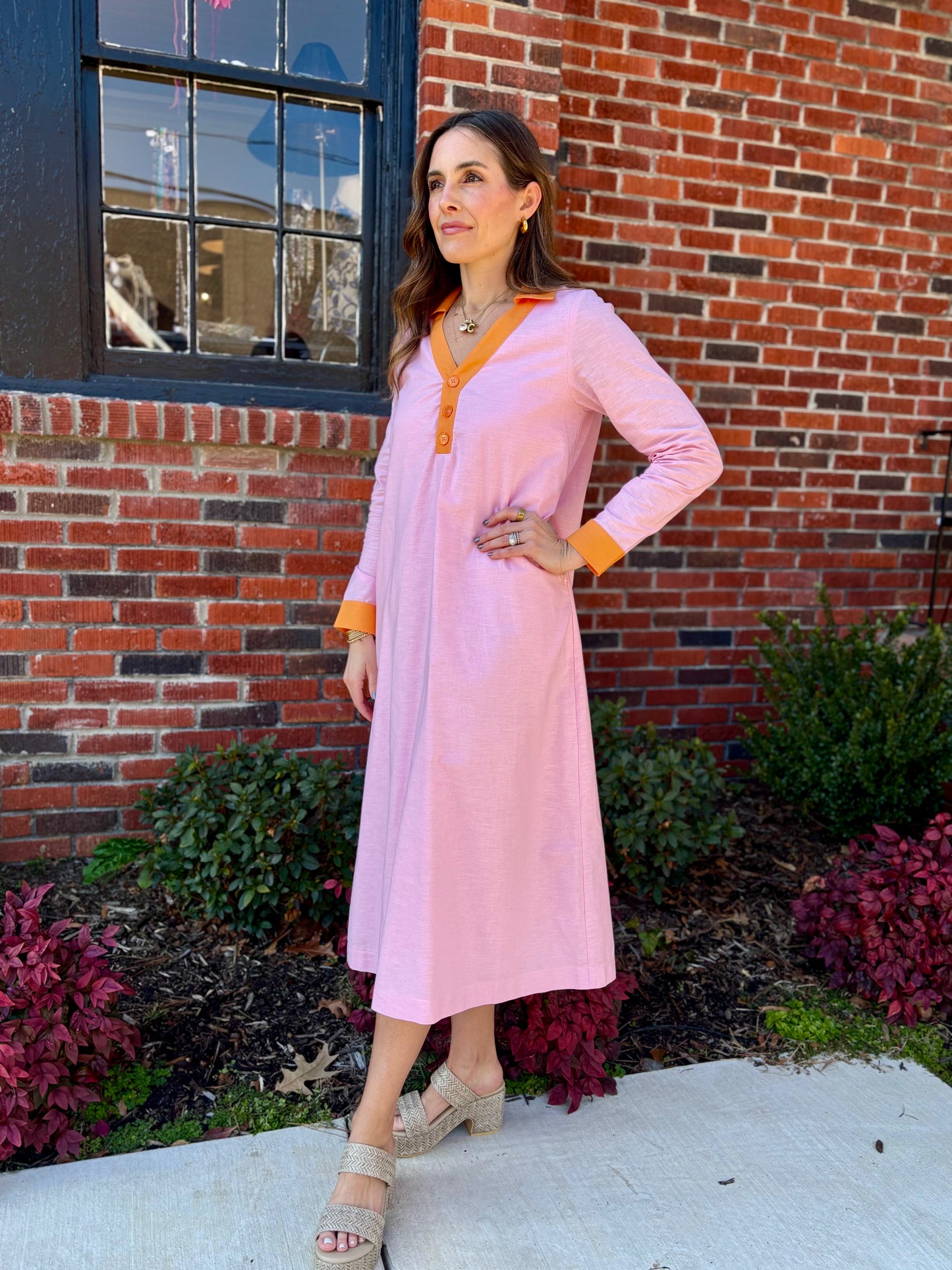 Color Contrast Linen Dress in Pink/Orange