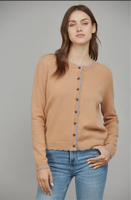 Tan/Blue Scallop Edge Cardigan