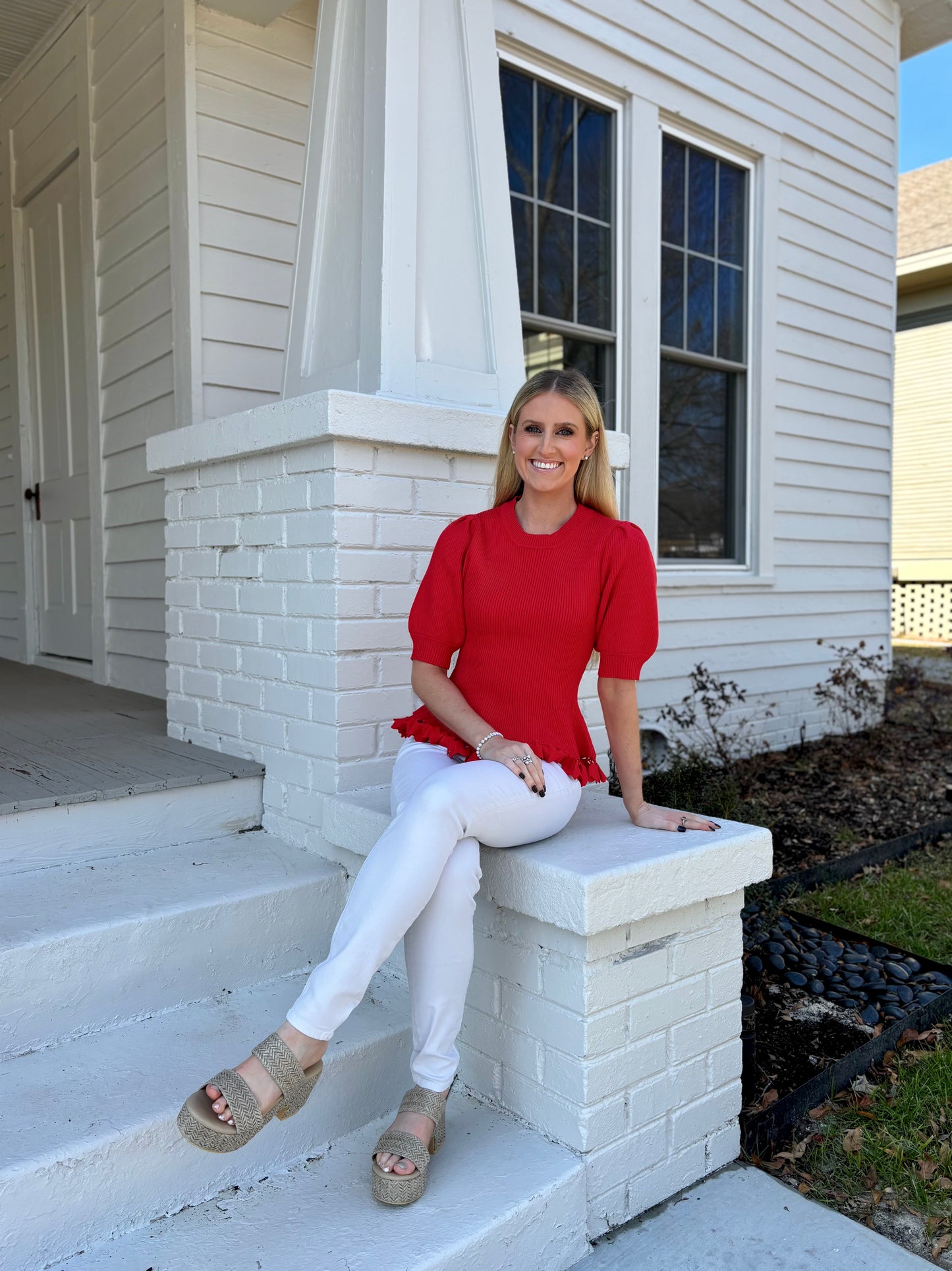Ribbed Ruffle Trim Sweater in Scarlet Red