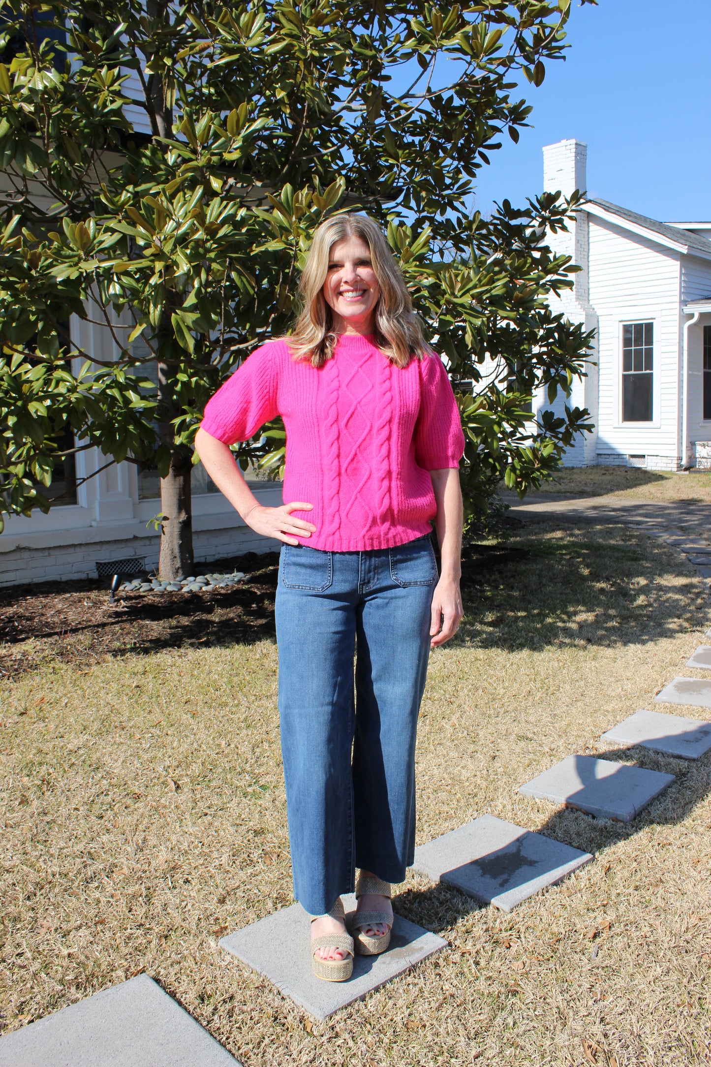 Round Neck Cable SS Sweater in Hot Pink