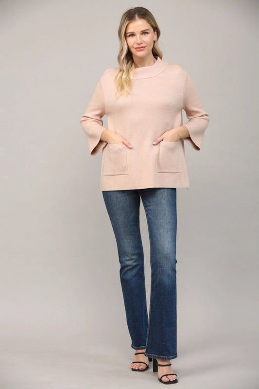 Glitter Yarn Front Pocket Mock Neck Sweater
