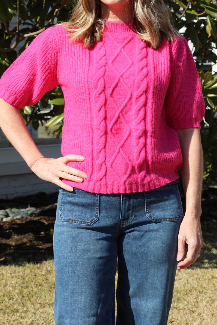 Round Neck Cable SS Sweater in Hot Pink