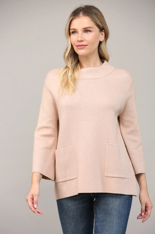 Glitter Yarn Front Pocket Mock Neck Sweater