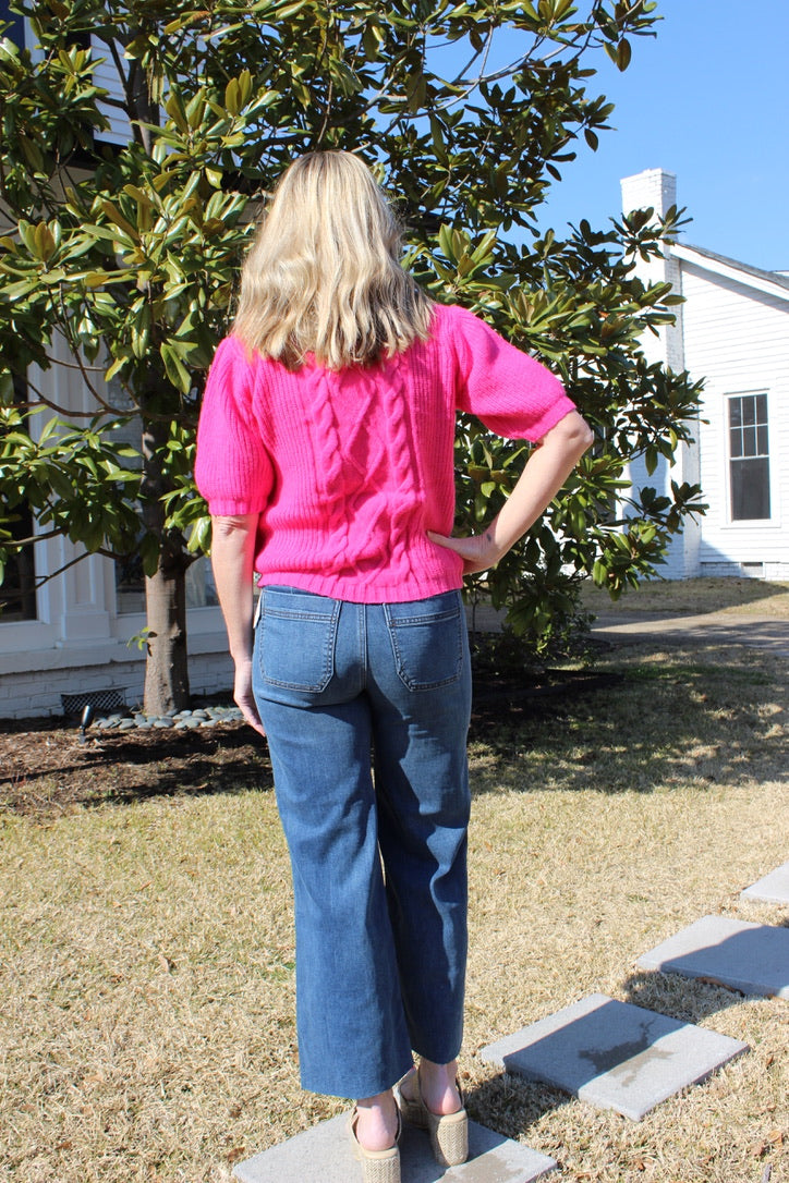 Round Neck Cable SS Sweater in Hot Pink