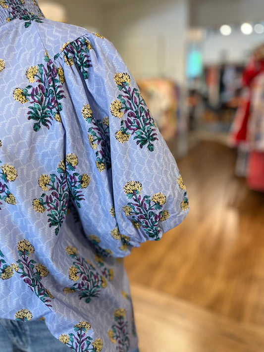 Blue Puff Sleeve Floral Top