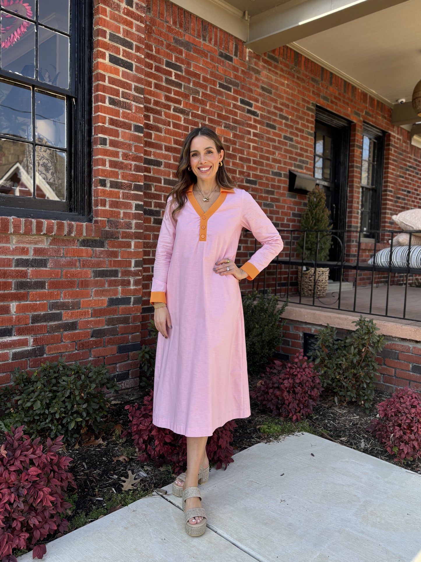 Color Contrast Linen Dress in Pink/Orange