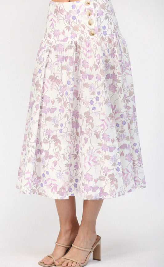 Midi Wrap Skirt W/Buttons in Lavender Cream