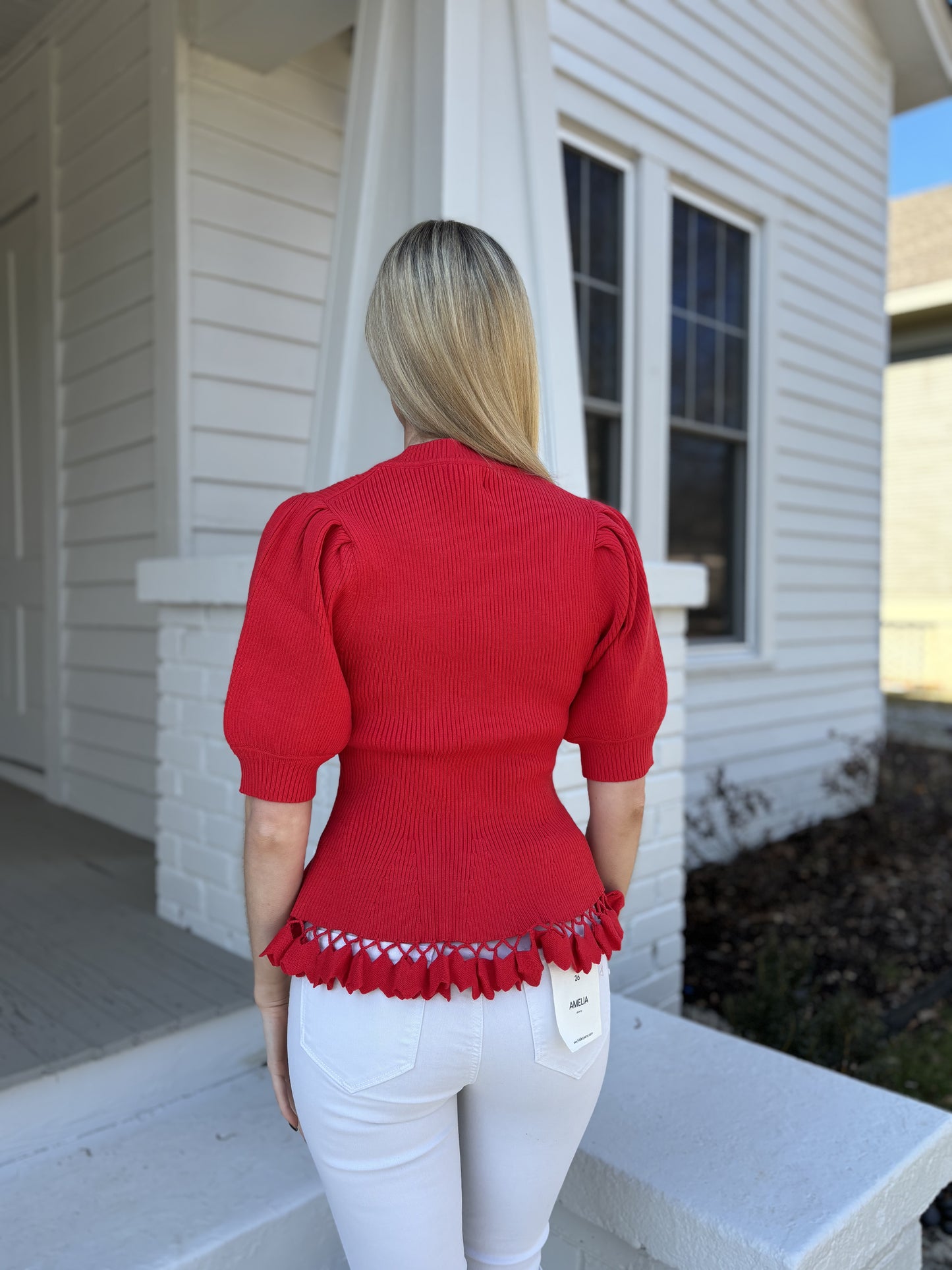 Ribbed Ruffle Trim Sweater in Scarlet Red