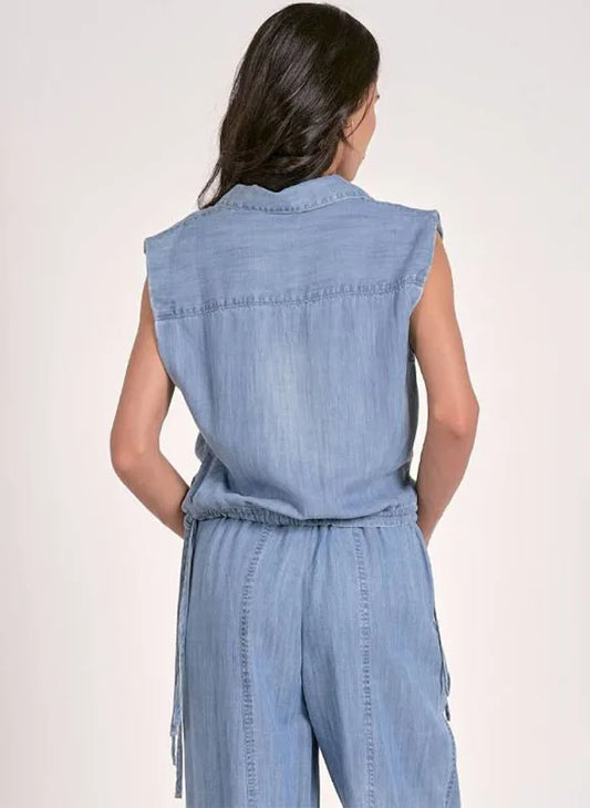 Sleeveless Collared Top in Denim Blue W/Ties