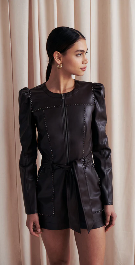 Lora Faux Leather Romper in Chocolate